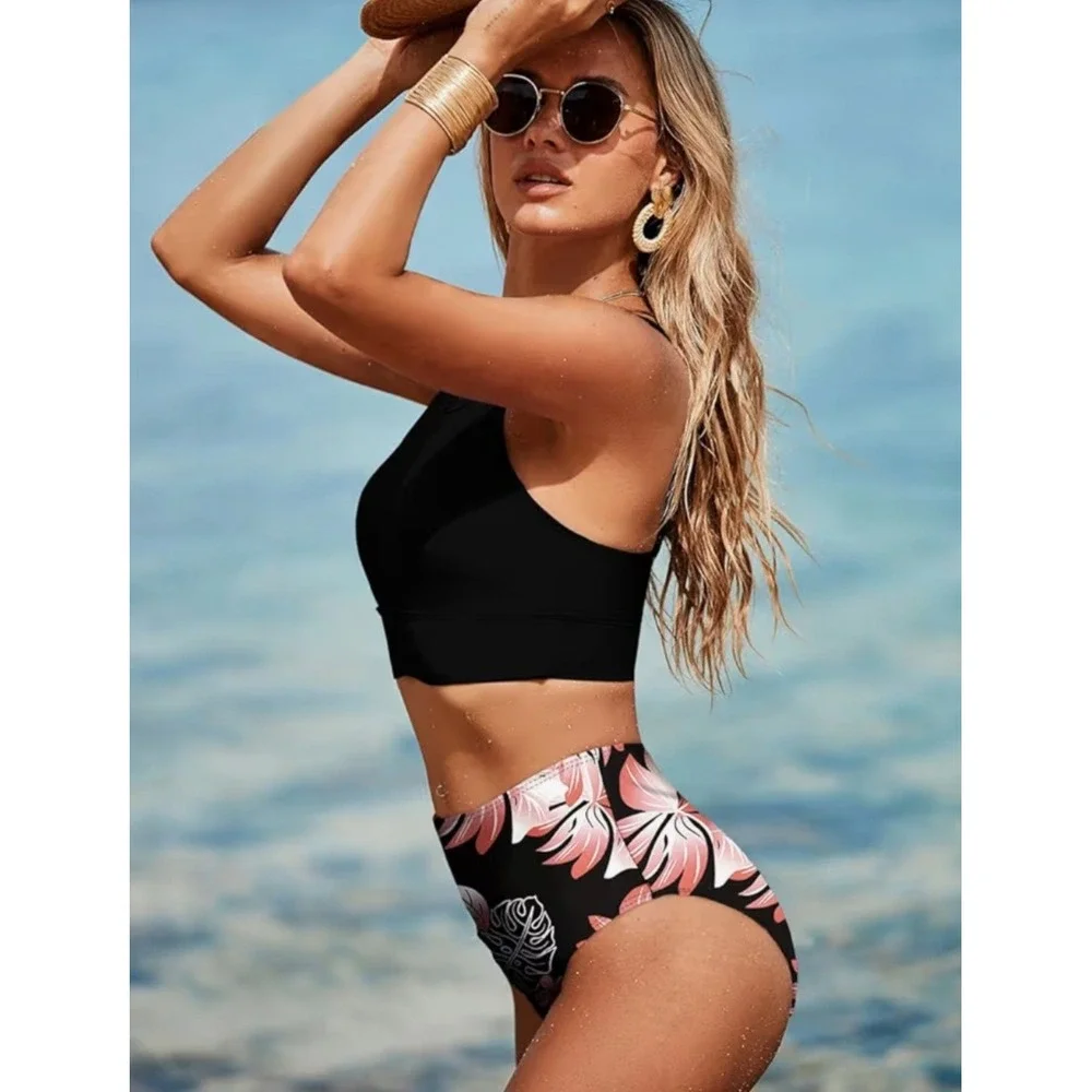 Women Black Tropical‎ Floral High Neck High Waisted Bikini Set Size L
